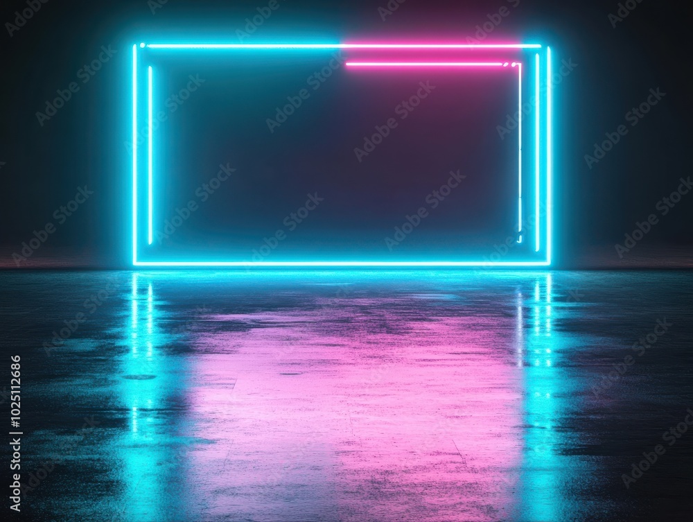 A vibrant neon frame in blue and pink lights, reflecting on a dark, glossy floor, perfect for modern and futuristic themes. A vibrant neon frame in blue and pink lights, reflecting on a dark, glossy floor, perfect for modern and futuristic themes.
