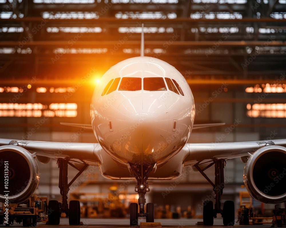 Plane undergoing a full maintenance check with advanced AIdriven diagnostics in a glowing, hightech facility Plane undergoing a full maintenance check with advanced AIdriven diagnostics in a glowing, hightech facility