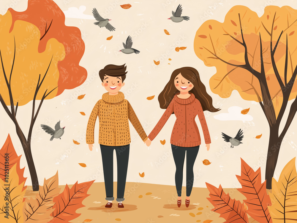 Happy couple holding hands in autumn park with falling leaves
Happy couple holding hands in autumn park with falling leaves