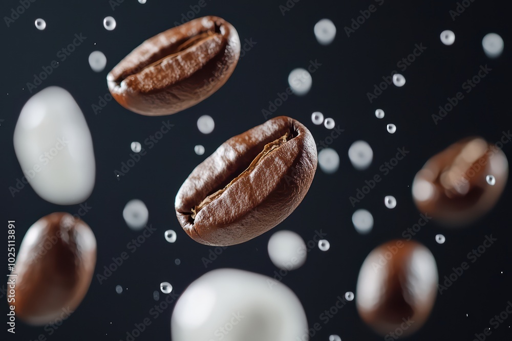 A stunning close-up of floating coffee beans and sugar, creating a visually appealing composition against a dark background.