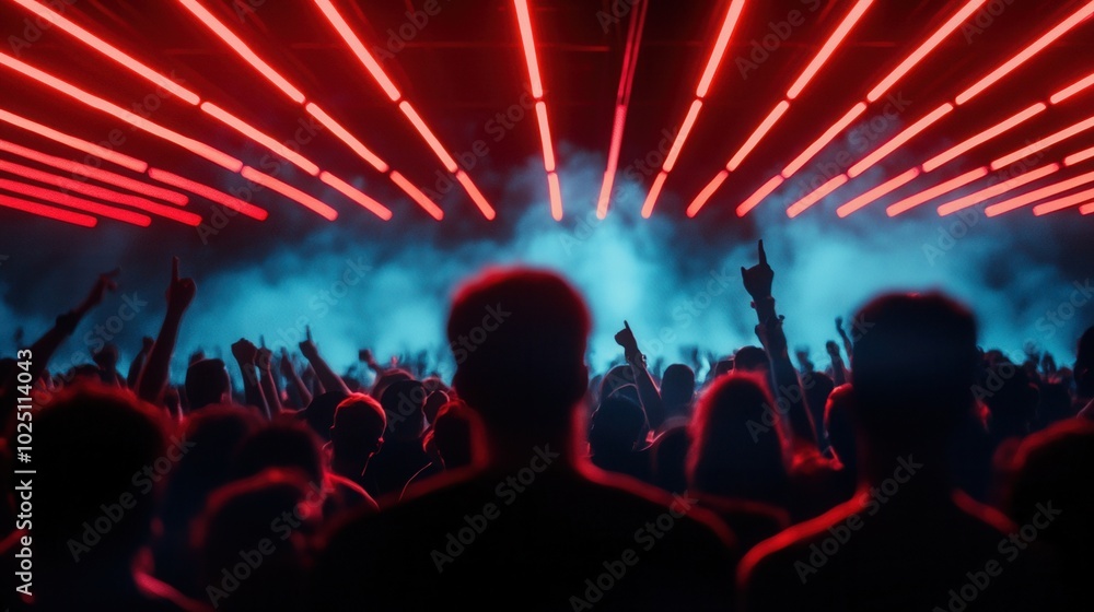 Obraz premium Crowd at a concert under vibrant red and blue lights, energetic atmosphere.