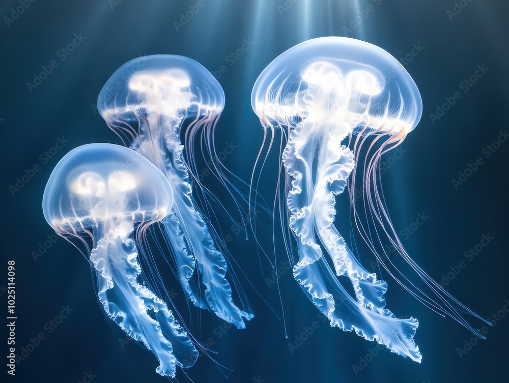 A serene underwater scene featuring three illuminated jellyfish gracefully floating in clear blue water. A serene underwater scene featuring three illuminated jellyfish gracefully floating in clear blue water.