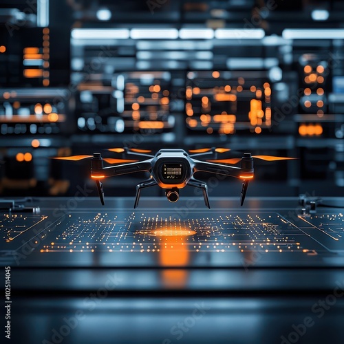 Drones scanning an airplane s exterior for routine maintenance issues, with glowing data projections in a cyberfuturistic workshop photo