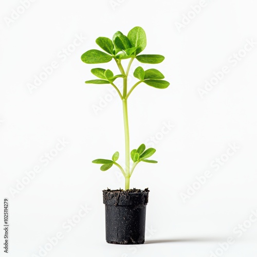 A vibrant green plant in a small black pot, symbolizing growth and renewal against a white background.