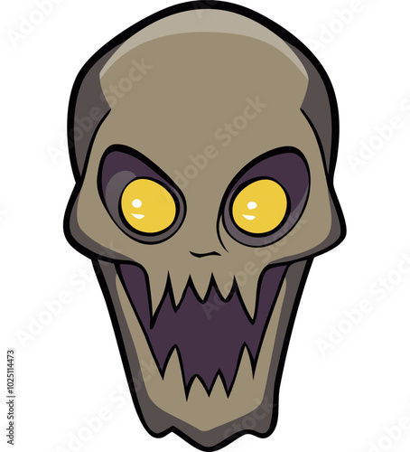 Halloween funny smiling skull with yellow eyes. Vector, flat design