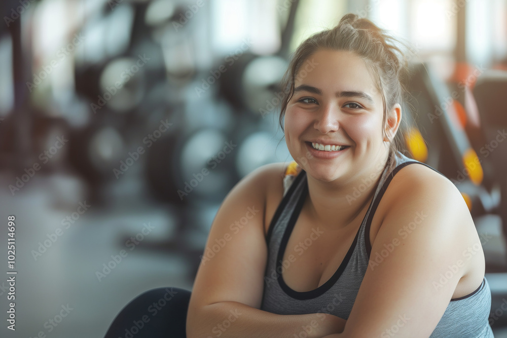 Smiling young chubby woman sitting and relaxing after fitness training in gym. Healthy concept Smiling young chubby woman sitting and relaxing after fitness training in gym. Healthy concept