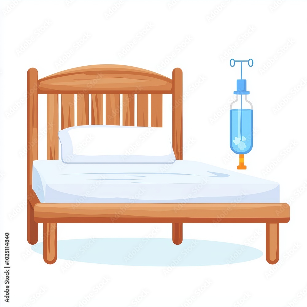A wooden bed with a pillow and an IV drip, designed for healthcare and wellness themes. A wooden bed with a pillow and an IV drip, designed for healthcare and wellness themes.