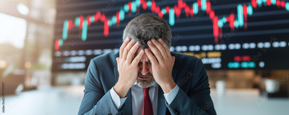 businessman in despair, holding his head in his hands, reflects stress of financial loss as stock prices fluctuate in background businessman in despair, holding his head in his hands, reflects stress of financial loss as stock prices fluctuate in background