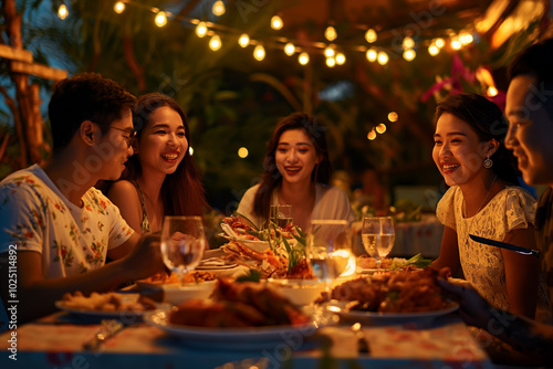 Group of Asian friends enjoy having dinner at outdoors restaurant. Meeting, party, celebrate concept