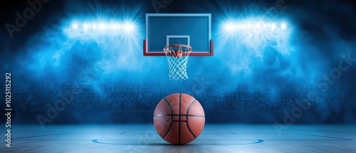 Basketball hoop and ball in dramatic blue lighting on the court. photo