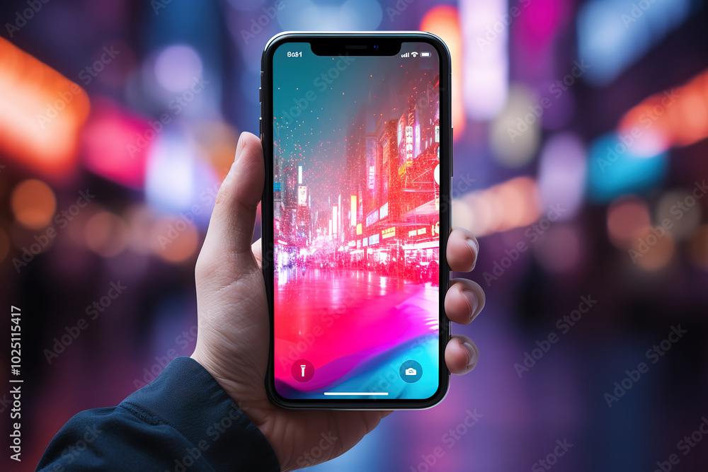 Awesome 3D rendering showcasing hands holding a cell phone, surrounded by vibrant neon lights. Awesome 3D rendering showcasing hands holding a cell phone, surrounded by vibrant neon lights.