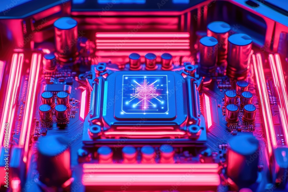 Naklejka premium Close-up of a vibrant computer circuit board with a central processing unit, glowing in neon lights.