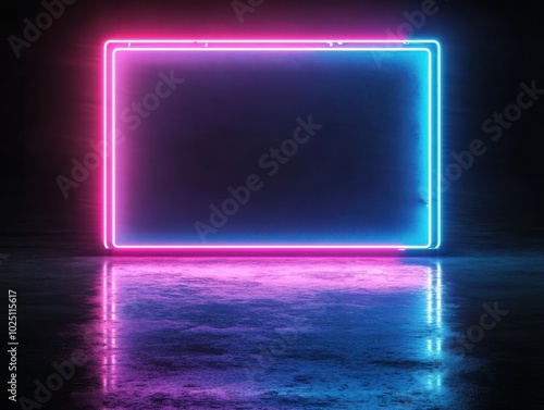 A vibrant neon frame with glowing pink and blue lights reflecting on a dark surface, creating a modern and futuristic atmosphere.