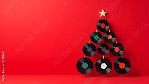 Christmas tree made of vinyl records arranged on a red background with a star on top, featuring black branches and colored labels, minimalistic style, and empty space on the left photo