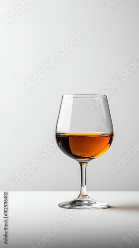 Elegant glass of amber beverage, white background