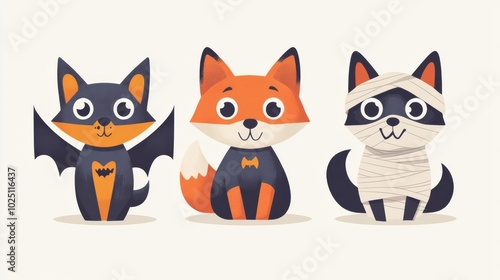 Adorable cartoon animals dressed up for Halloween, featuring a bat cat, fox, and a mummy cat. Perfect for festive designs.