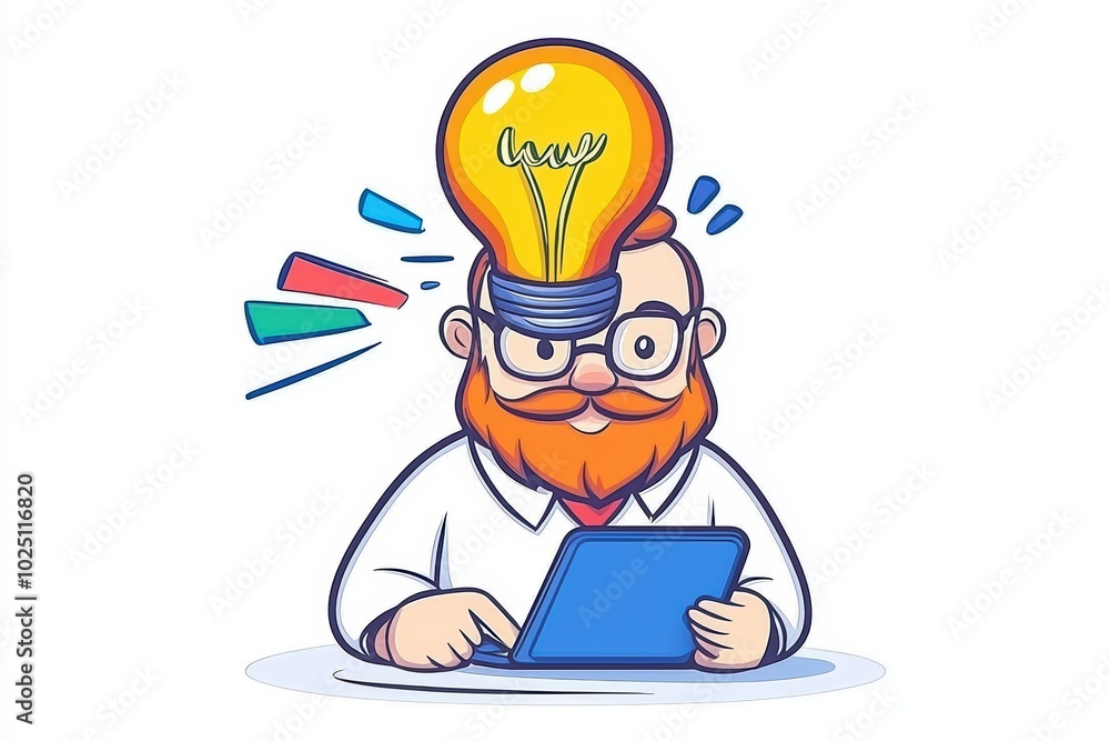 Creative scientist with a light bulb idea working on a tablet, colorful elements in a fun cartoon style on a white background. Creative scientist with a light bulb idea working on a tablet, colorful elements in a fun cartoon style on a white background.