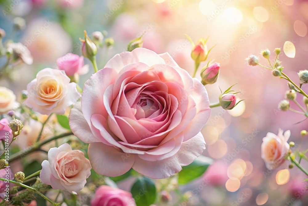 Delicate Pink Rose Frame with Blooming Flowers for Festive Backgrounds Delicate Pink Rose Frame with Blooming Flowers for Festive Backgrounds
