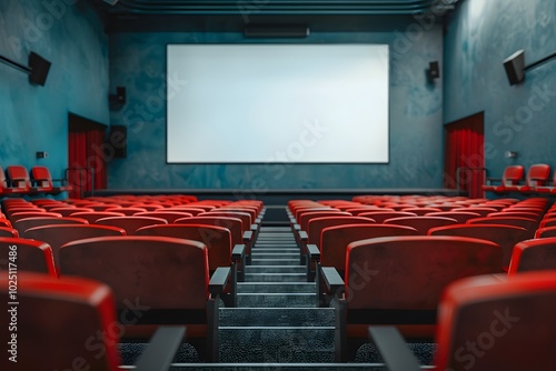 Modern Cinema Interior with Red Seats and Blank Screen