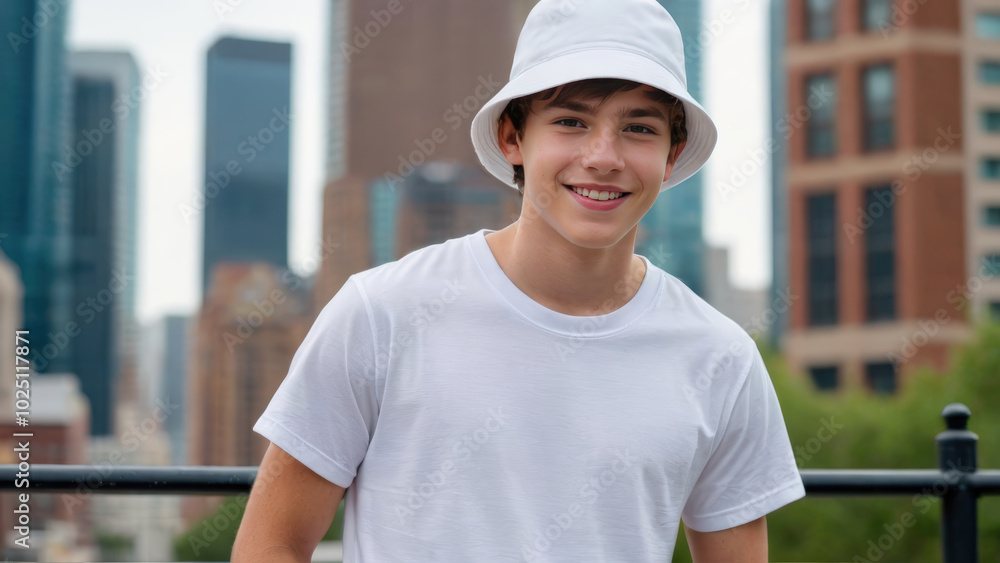 Teenage boy wearing white t-shirt and white bucket hat standing on cityscape background Teenage boy wearing white t-shirt and white bucket hat standing on cityscape background
