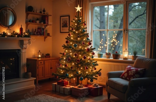 a beautifully decorated Christmas tree in a cozy living room