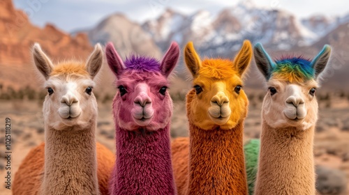 Four colorful llamas with vibrant fur standing in a picturesque mountainous landscape.