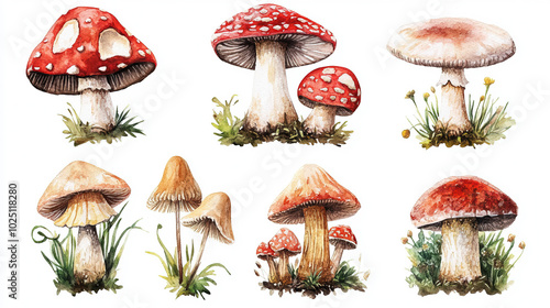 Watercolor colorful Mushroom Collection Boletus, Chanterelles, Fly Agarics. Set illustration isolated background