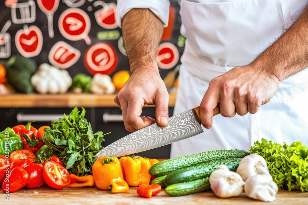Fresh vegetables being chopped by a chef in a modern kitchen setting. Fresh vegetables being chopped by a chef in a modern kitchen setting.