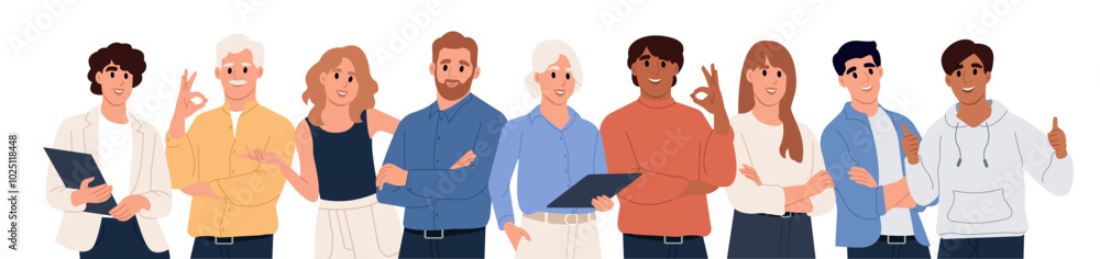 Business people group portrait. Men and women, colleagues stand together. Vector flat illustration isolated on white background Business people group portrait. Men and women, colleagues stand together. Vector flat illustration isolated on white background