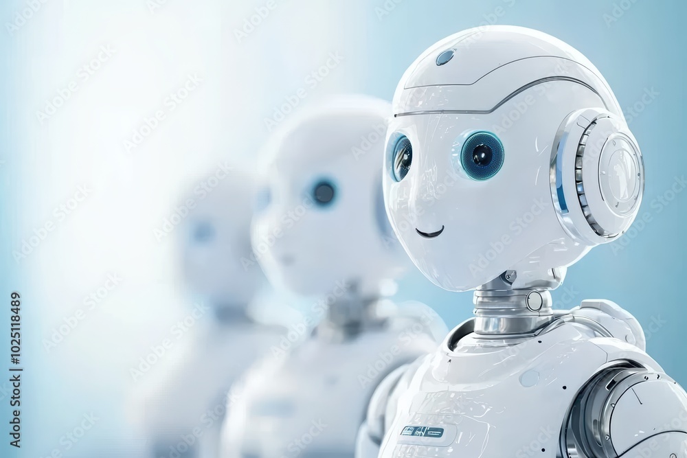 Naklejka premium Friendly futuristic robots with bright smiles, showcasing advanced design and technology against a soft blue background.