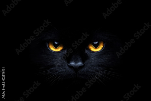 Halloween cat. Yellow eyes of a black cat on a black background.
