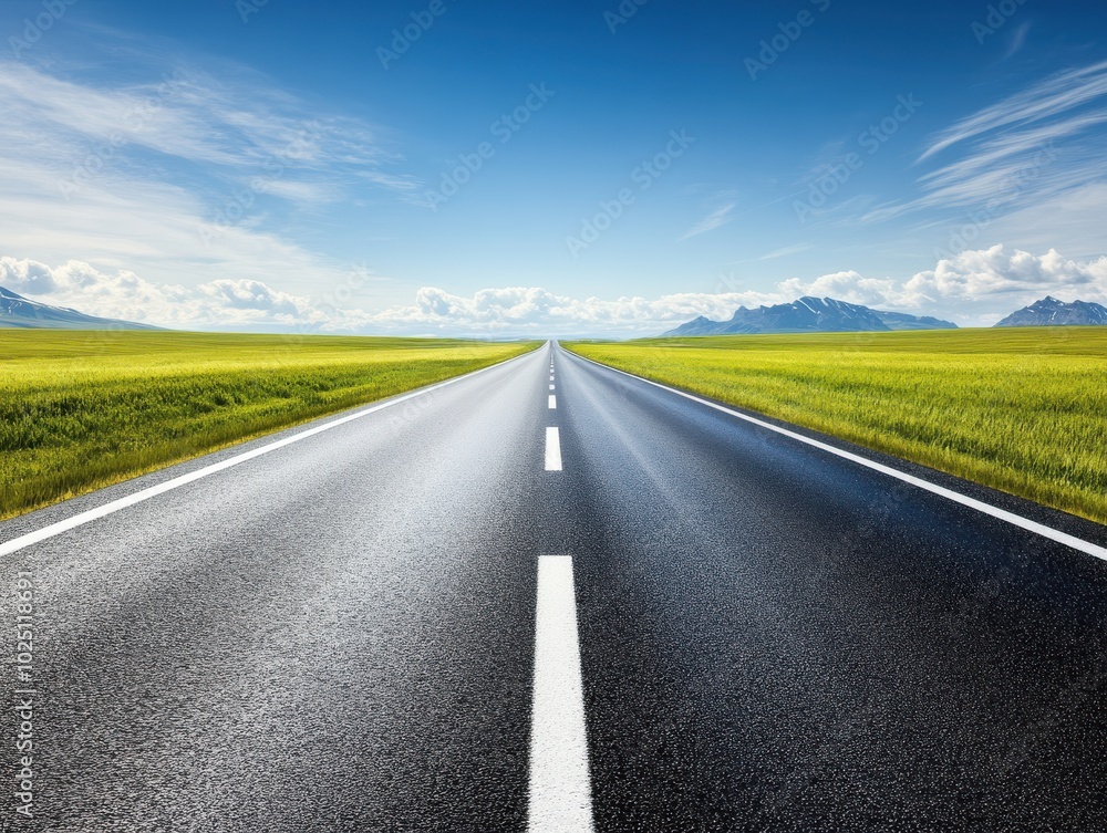 A straight empty road stretches through a vibrant green landscape under a clear blue sky, inviting adventure and exploration. A straight empty road stretches through a vibrant green landscape under a clear blue sky, inviting adventure and exploration.