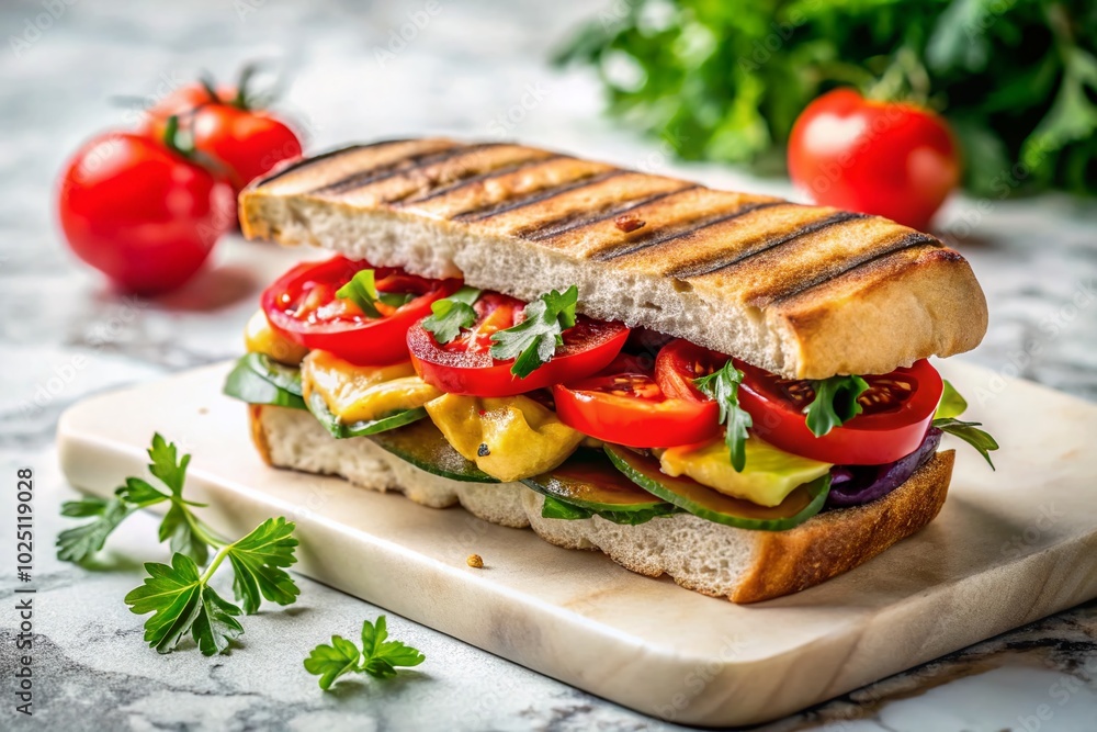 Delicious Grilled Vegetable Sandwich with Fresh Tomato and Spices on White Marble Table - Perfect for Foodies and Delicious Grilled Vegetable Sandwich with Fresh Tomato and Spices on White Marble Table - Perfect for Foodies and