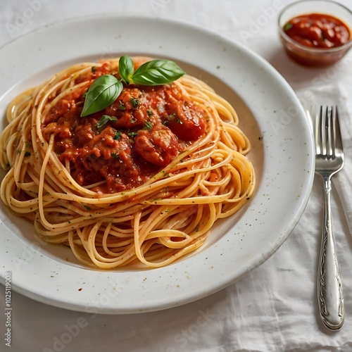 Delicious juicy pasta with Tomato Sauce with some salad served and plate pasta dish