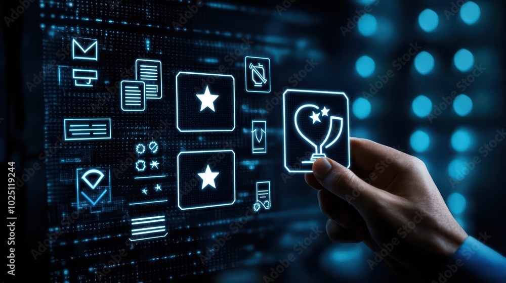 Hand interacting with digital interface featuring icons and symbols on a futuristic background. Hand interacting with digital interface featuring icons and symbols on a futuristic background.
