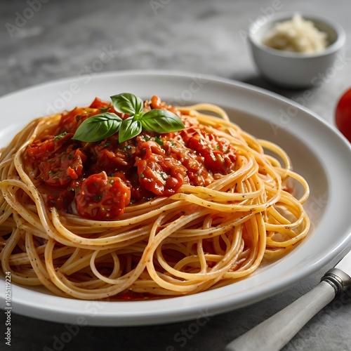 Delicious juicy pasta with Tomato Sauce with some salad served and plate pasta dish