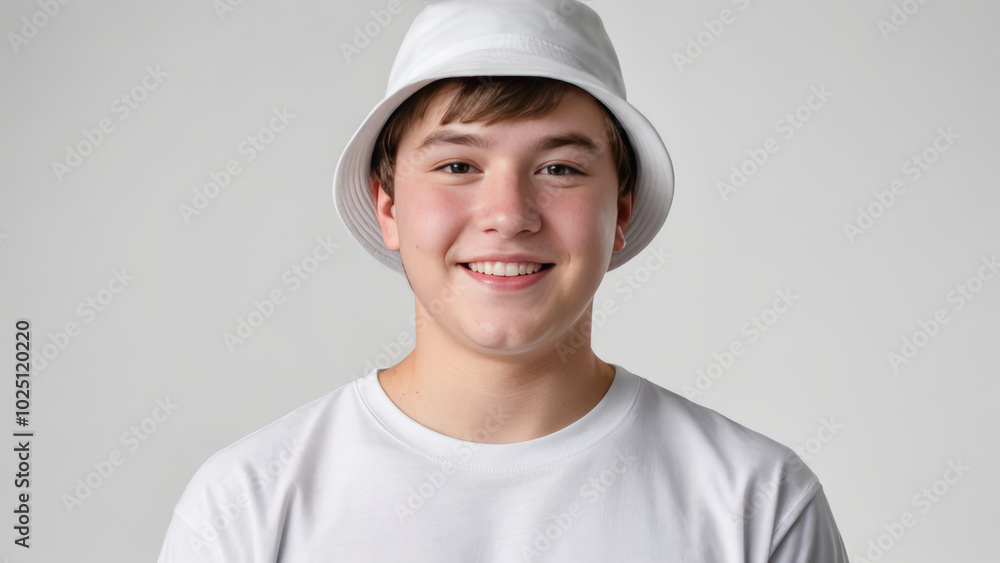 Plus size teenage boy wearing white t-shirt and white bucket hat isolated on grey background Plus size teenage boy wearing white t-shirt and white bucket hat isolated on grey background