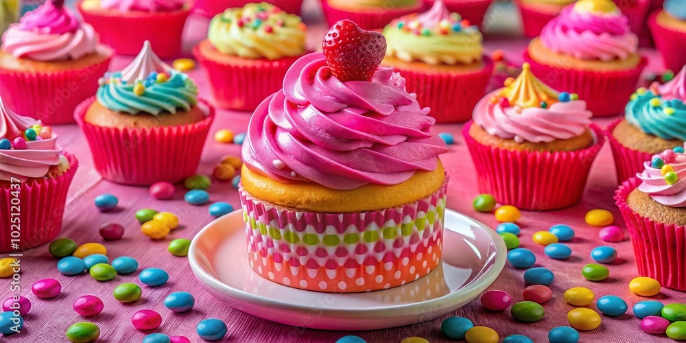 Delightful Pink Birthday Cake with Colorful Cupcakes Perfect for Celebrations and Special Occasions Delightful Pink Birthday Cake with Colorful Cupcakes Perfect for Celebrations and Special Occasions