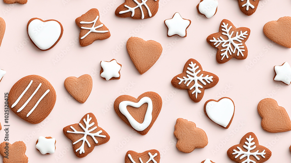 Delightful gingerbread cookies in various simple shapes, including hearts, stars, and snowflakes, beautifully decorated with white icing. Perfect for festive occasions!