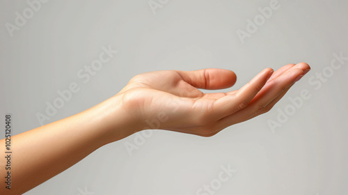 Woman's hand holding something empty,back side, isolated on white background.