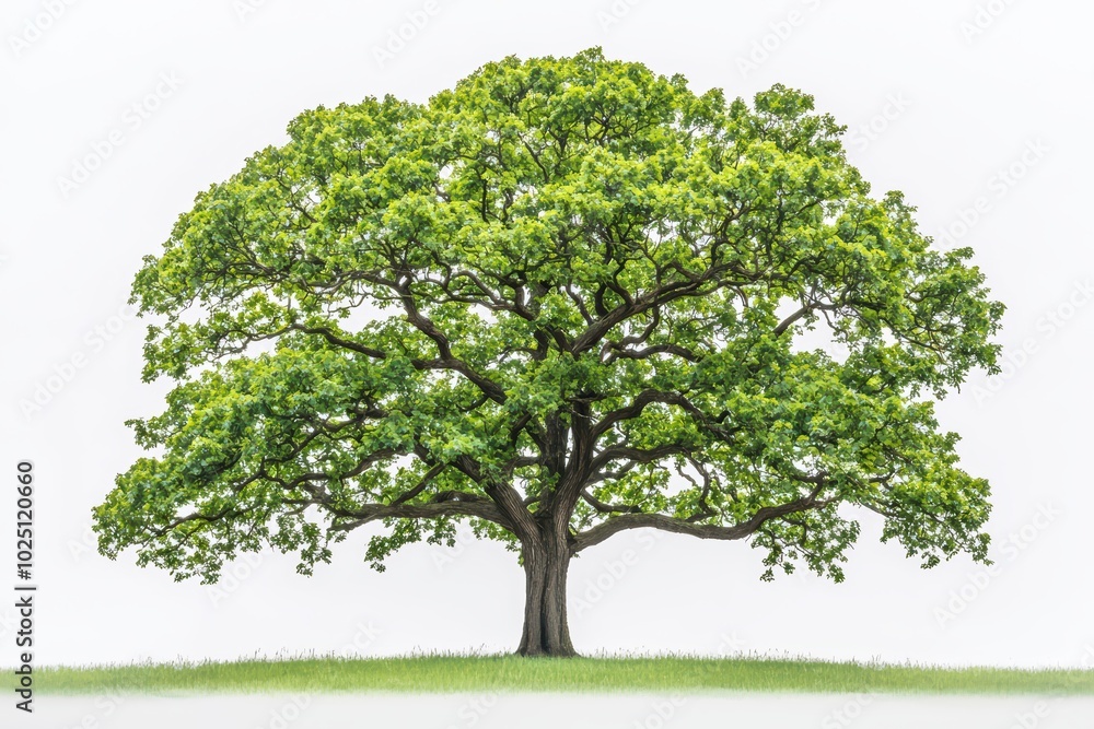 Single majestic tree with lush green foliage against a white isolated background. Single majestic tree with lush green foliage against a white isolated background.