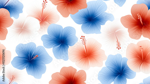 Watercolor hibiscus flowers in soft pastel tones create vibrant and cheerful pattern. blend of red and blue hues adds refreshing touch to any design