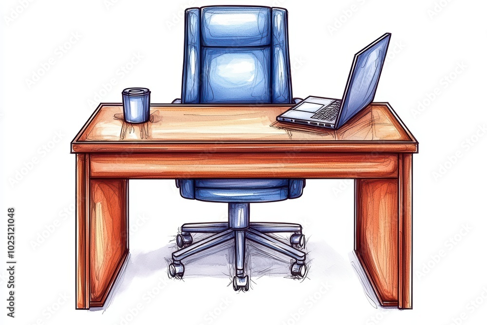 Stylish office desk with a blue chair and laptop, ideal for a modern workspace or corporate setting. Stylish office desk with a blue chair and laptop, ideal for a modern workspace or corporate setting.