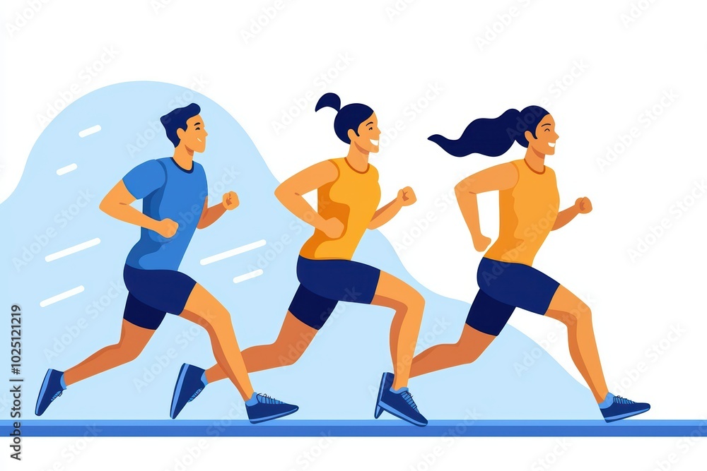 Three runners in motion, depicting energy and fitness on a vibrant background. Three runners in motion, depicting energy and fitness on a vibrant background.