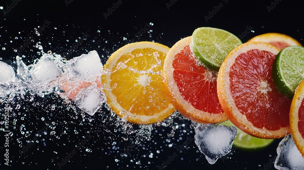 Vibrant citrus slices splashing through water, creating a refreshing and lively scene. Vibrant citrus slices splashing through water, creating a refreshing and lively scene.