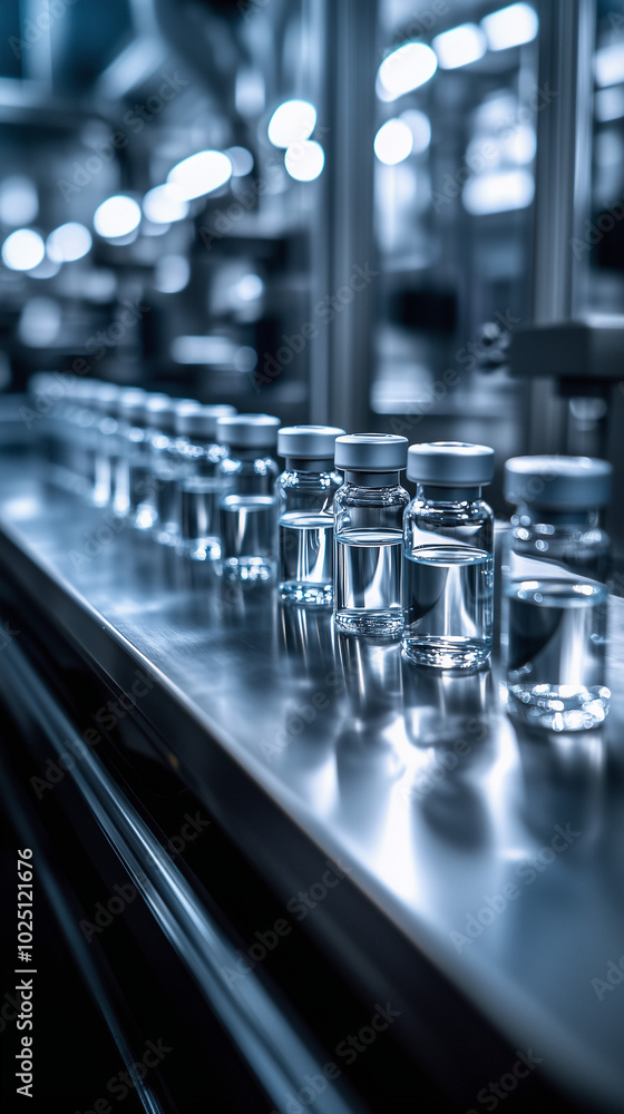 Glass vials filled with liquid move on a conveyor belt in a pharmacy Glass vials filled with liquid move on a conveyor belt in a pharmacy