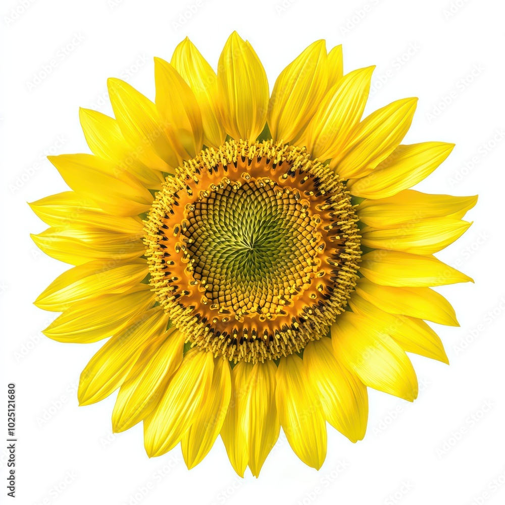 Fototapeta premium Vibrant sunflower with a bright yellow hue, showcasing its intricate seed pattern against a white background.