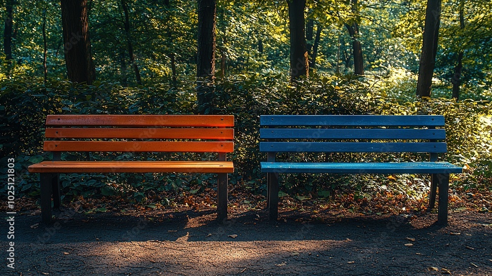 In the heart of a dense forest, two benches rest beside one another, surrounded by towering trees In the heart of a dense forest, two benches rest beside one another, surrounded by towering trees