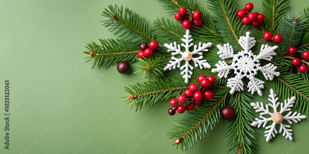 Christmas or winter composition. Snowflakes and red berries on blue background. Christmas, winter, new year concept. Flat lay, top view, copy space Christmas or winter composition. Snowflakes and red berries on blue background. Christmas, winter, new year concept. Flat lay, top view, copy space
