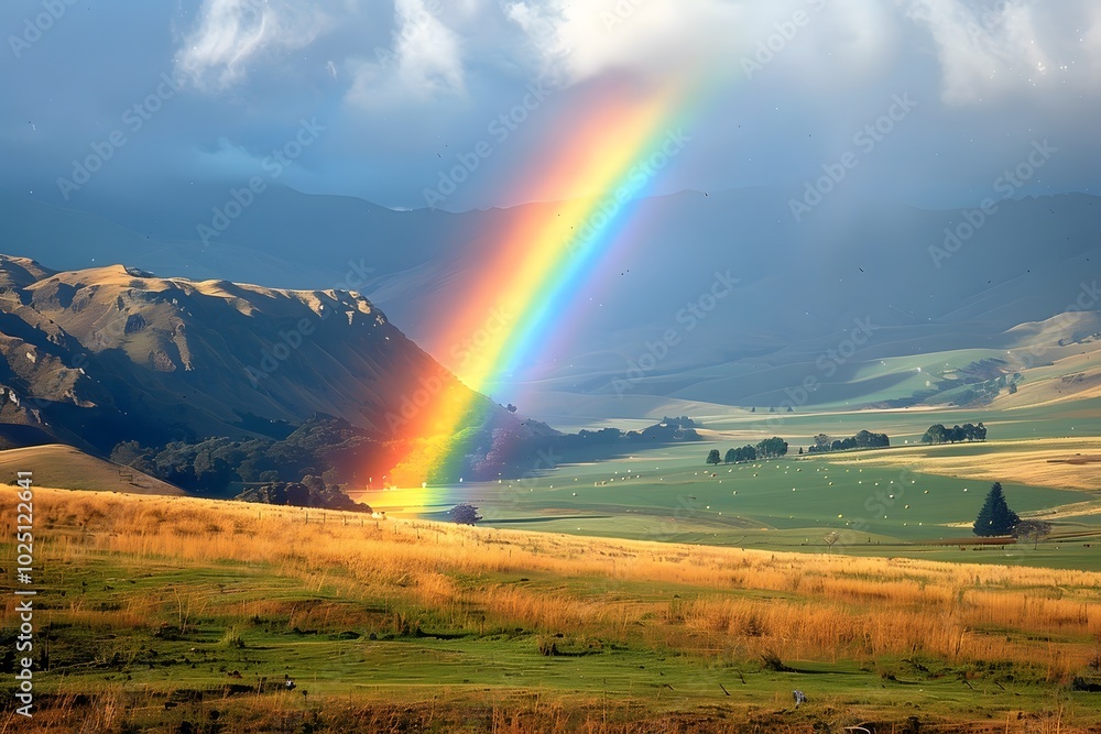 Stunning Rainbow Arching Over Lush Green Valley and Rolling Hills Stunning Rainbow Arching Over Lush Green Valley and Rolling Hills